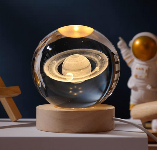 3D Galaxy Crystal Ball Night Light | Dimmable Engraved LED Glass Ball Table Lamp with USB and Wooden Base for Home Decor, Office, Birthday Gift & Kids Bedroom (Saturn)
