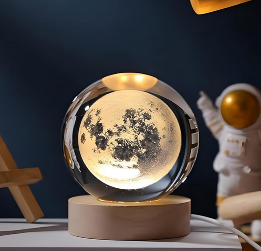 3D Galaxy Crystal Ball Night Light | Dimmable Engraved LED Glass Ball Table Lamp with USB and Wooden Base for Home Decor, Office, Birthday Gift & Kids Bedroom (Moon)