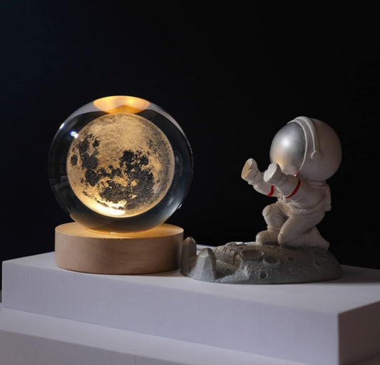3D Galaxy Crystal Ball Night Light | Dimmable Engraved LED Glass Ball Table Lamp with USB and Wooden Base for Home Decor, Office, Birthday Gift & Kids Bedroom (Moon)