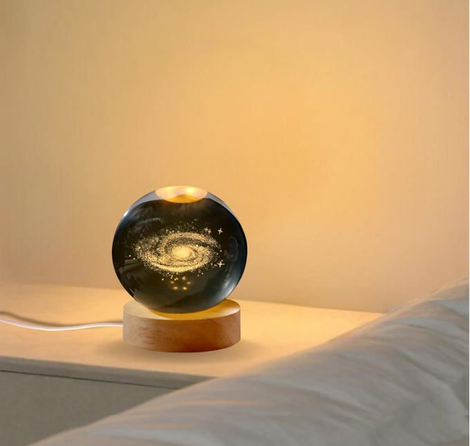 3D Galaxy Crystal Ball Night Light | Dimmable Engraved LED Glass Ball Table Lamp with USB and Wooden Base for Home Decor, Office, Birthday Gift & Kids Bedroom (Galaxy)