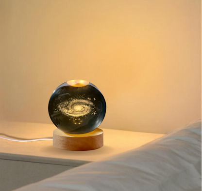 3D Galaxy Crystal Ball Night Light | Dimmable Engraved LED Glass Ball Table Lamp with USB and Wooden Base for Home Decor, Office, Birthday Gift & Kids Bedroom (Galaxy)