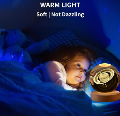 3D Galaxy Crystal Ball Night Light | Dimmable Engraved LED Glass Ball Table Lamp with USB and Wooden Base for Home Decor, Office, Birthday Gift & Kids Bedroom (Saturn)