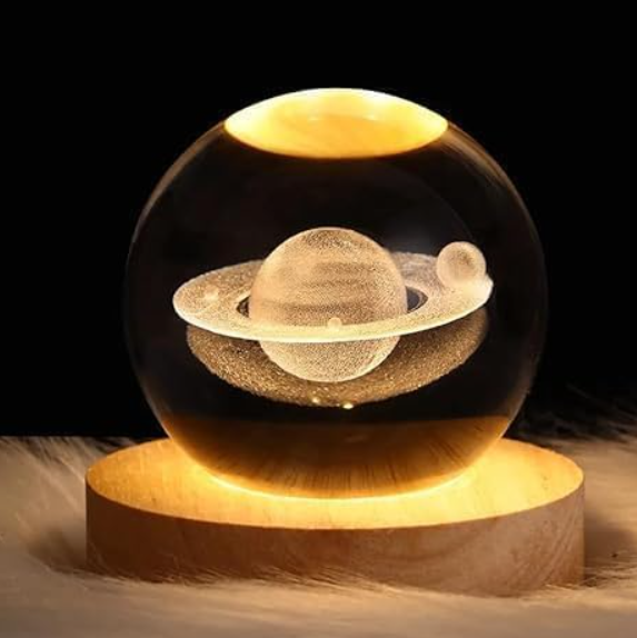 3D Galaxy Crystal Ball Night Light | Dimmable Engraved LED Glass Ball Table Lamp with USB and Wooden Base for Home Decor, Office, Birthday Gift & Kids Bedroom (Saturn)