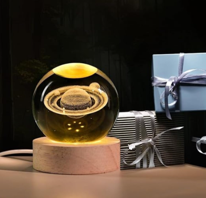 3D Galaxy Crystal Ball Night Light | Dimmable Engraved LED Glass Ball Table Lamp with USB and Wooden Base for Home Decor, Office, Birthday Gift & Kids Bedroom (Saturn)