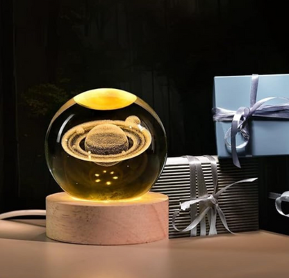 3D Galaxy Crystal Ball Night Light | Dimmable Engraved LED Glass Ball Table Lamp with USB and Wooden Base for Home Decor, Office, Birthday Gift & Kids Bedroom (Saturn)